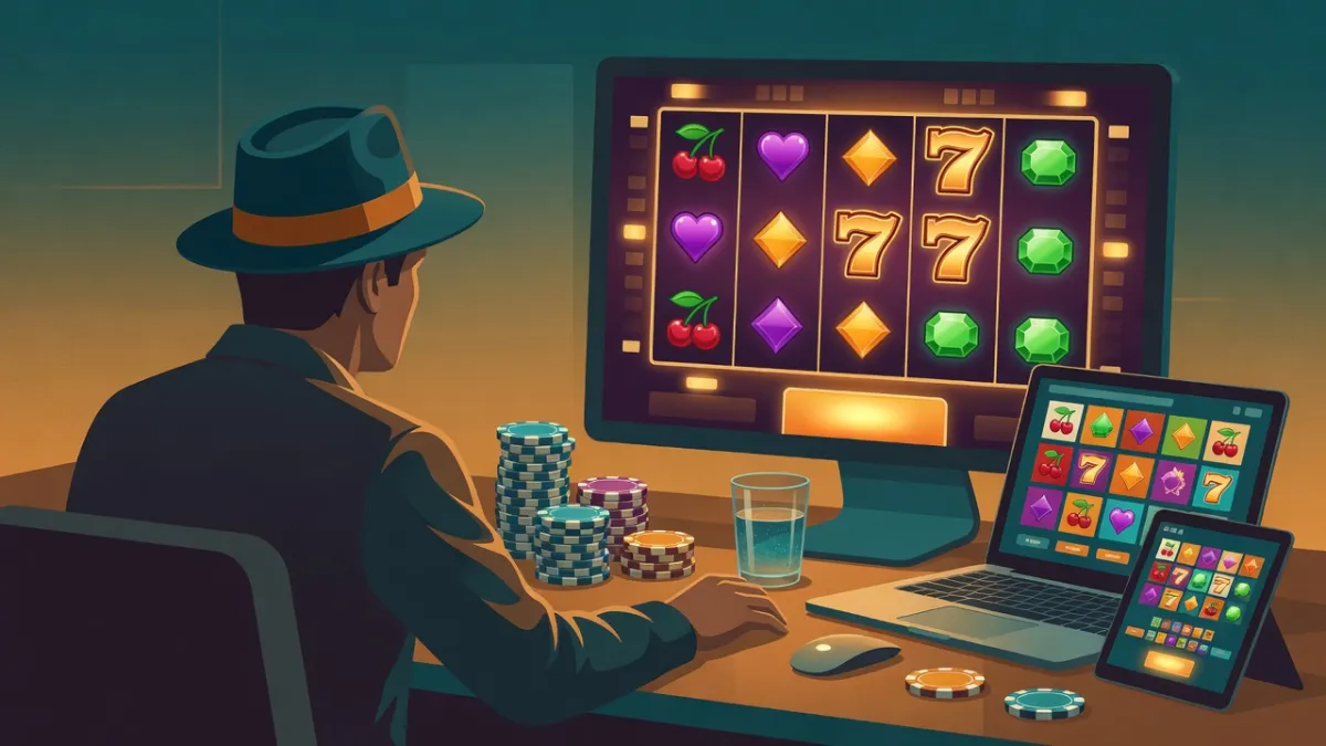 Illustration of a player in a hat at a desk, facing a slot game on a monitor, with poker chips, a laptop and a tablet showing slots